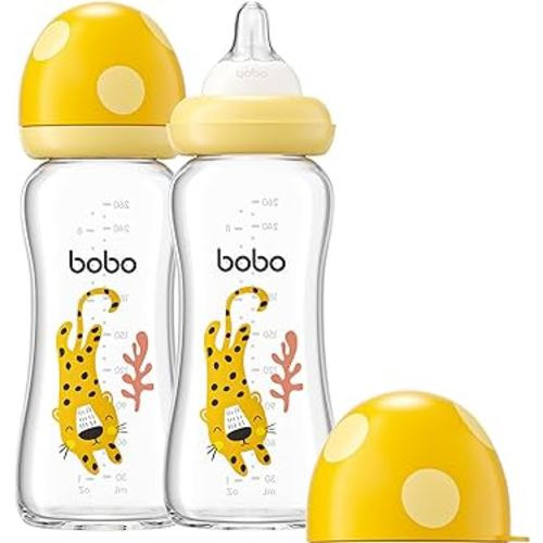 YOHKOH Natural Glass Baby Bottle with Natural Response Nipple, Newborn Anti-Colic Baby Bottles, Wide Neck Mushroom Cap Baby Bottle, Clear (8.8ounce (Pack of 2), Yellow2)