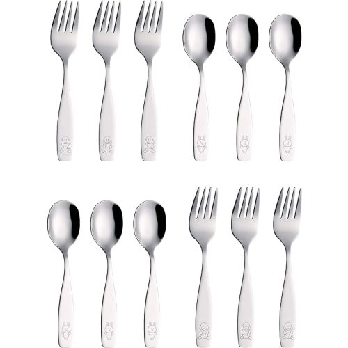 ANNOVA Kids Silverware 12 Pieces Children's Safe Flatware Set Stainless Steel - 6 x Safe Forks, 6 x Children Dinner Spoons, Toddler Utensils, Metal Cutlery Set for Lunchbox (Engraved Dog Bunny) - 12 Piece Set