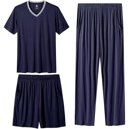 MoFiz Men's Pajama Set 3 Pieces Lightweight Sleep Cozy Modal Lounge Sleep Set Bottoms Pants T-Shirt Pajama Shorts for Men
