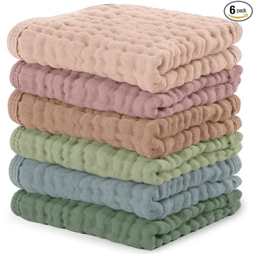 Comfy Cubs Muslin Baby Washcloths 6 Pack - Soft 6-Layer Cotton Wash Cloths for Sensitive Skin - 10"x10" Large, Gentle, Absorbent Infant Essentials for Newborn and Toddlers - Multicolor