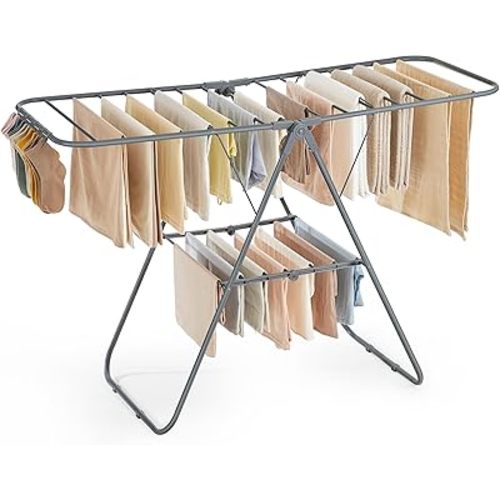 SONGMICS Clothes Drying Rack, with Sock Clips, Metal Laundry Rack, Foldable, Space-Saving, Free-Standing Airer, with 2 Height-Adjustable Gullwings, Indoor Outdoor Use, Gray ULLR052G01