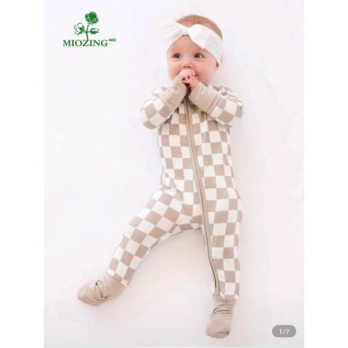 MIOZING Bamboo Fiber Fabric, Light Gray Checkerboard Bodysuit