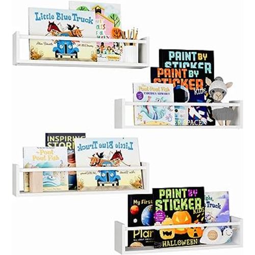 Fixwal Nursery Book Shelves, 16.5 Inch Floating Bookshelves for Nursery Decor & Playroom Decor, Set of 4, Solid Wood Wall Mounted Shelves for Books, Toys and Decor Storage (White)