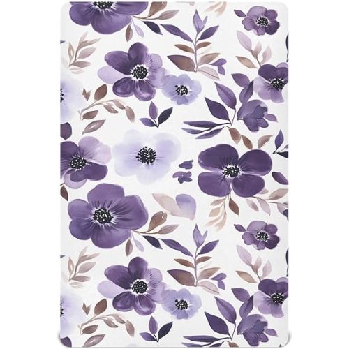 Fitted Crib Sheet Purple Florals Print Soft Breathable Pack N Play Playard Sheets 52×28 inch for Baby Mattress for Boys Girls Toddler