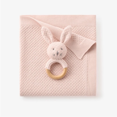 Blush Textured Knit Blanket + Bunny Ring Rattle Gift Set – Elegant Baby