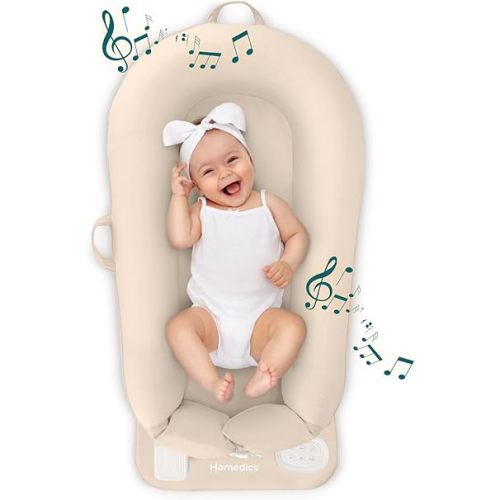 Homedics 3-in-1 Calming Baby Cushion, Soothing Comfort for Newborns & Infants, Snuggling Sensation, Sound and Vibration, Designed for Safety, Cordless, Rechargeable & Machine-Washable, Tan