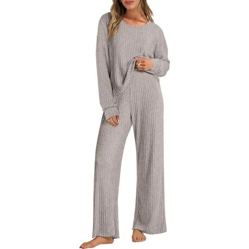 ANRABESS Women 2 Piece Lounge Pajamas Sets Casual Ribbed Knit Long Sleeve Top Pants Matching Set 2025 Fall Outfits Clothes