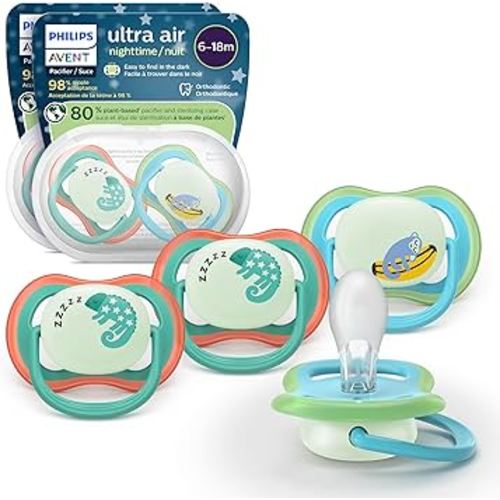 Philips Avent Ultra Air Nighttime Pacifiers - Orthodontic Design, for Babies 6-18 Months, Glow in The Dark, Soft Silicone Symmetrical Nipple, BPA-Free, with 2 Sterilizing Cases, 4 Pack, SCF376/36
