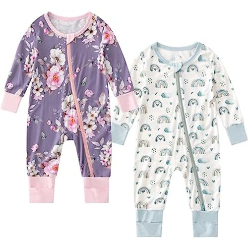 OPAWO Bamboo Baby Pajamas Girl 2pack Mittens Cuff 2 Way Zipper Soft Footless Sleeper Baby Boy Newborn One-Piece Romper