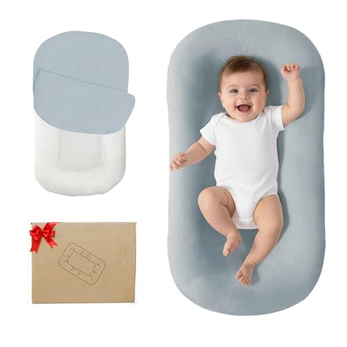 Lucakuins Baby Lounger, Bionic Design Baby Lounger for Newborn 0-24 Months, Soft Organic Cotton Breathable Lounger for Infants (Grayish Blue)