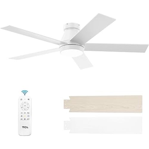 TCL 52" Modern Ceiling Fan with Lights, 5 Blades, 6 Speeds DC Reversible, Dimmable, White Flush Mount for Bedroom, Living Room and Garage