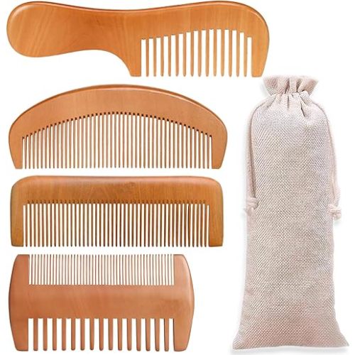 4 Pcs Natural Bamboo Comb Set for Women & Men - Wide Tooth Detangling, Beard & Labor Combs for Curly, Thick, Wavy Hair with Gift Bag