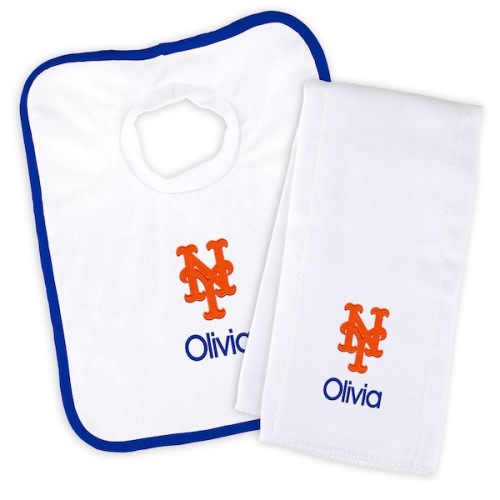 Newborn & Infant New York Mets White Personalized Bib & Burp Cloth Set