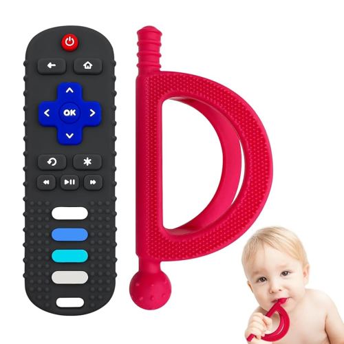 2 Pack Baby Teething Toys, Food Grade Silicone Teethers for Babies 18+ Months, TV Remote Shape Teething Toy and A New Type Grip Teether, Chew Toys for Boys and Girls, Freezer BPA Free