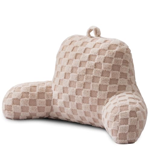 A Nice Night Faux Fur Reading Pillow,Checkered Fluffy Grid Plaid,Bed Wedge Pillow Large Adult Children Backrest with Arms for Bedrest,Beige