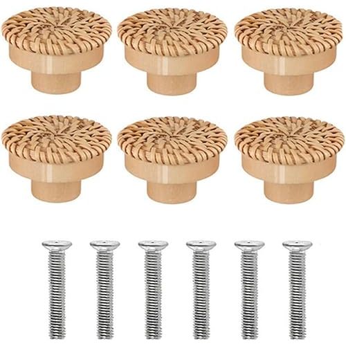 GYWHOOFT Drawer Knobs Wood,6 Pcs Wood Drawer Knobs,Drawer Knobs,Wood DresserRattan Drawer Pulls Wooden Knobs Round with Screws for Cabinets Dresser Handles