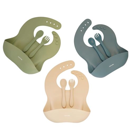 Baby Feeding Silicone Bibs with Food Catcher, Adjustable Neck Band, 3 Pack & 3 Sets of Spoons & Forks, Food Grade Pure Silicone, Waterproof, PVC & BPA Free, Neutral Unisex Colors, Babies and Toddlers