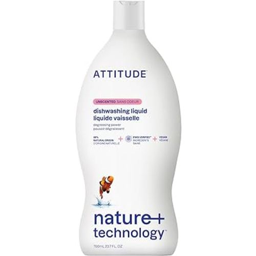 ATTITUDE Dishwashing Liquid, EWG Verified, Vegan Dish Soap, Plant Based, Naturally Derived Products, Unscented, 23.7 Fl Oz
