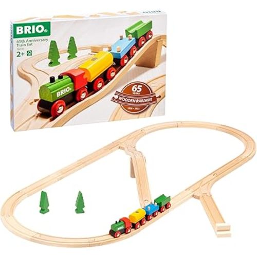 BRIO Classic 65th Anniversary Wooden Train Set - 32-Piece FSC-Certified Wood Train Set - Includes Wooden Trains, Wagons, Bridge & Tracks - Compatible Classic - Kids Ages 2 & Up