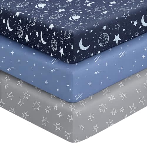 Unnivoll Baby Crib Sheets for Boys Girls, 28x52x8in Fitted Crib Sheet Neutral 3 Pack for Standard Crib and Toddler Mattress, Breathable Soft Microfiber Baby Sheet Blue Gray Planet