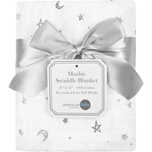 American Baby Company 100% Natural Cotton Muslin Swaddle Blanket, Gray Stars/Moon, 47" x 47", Soft Breathable, for Boys and Girls