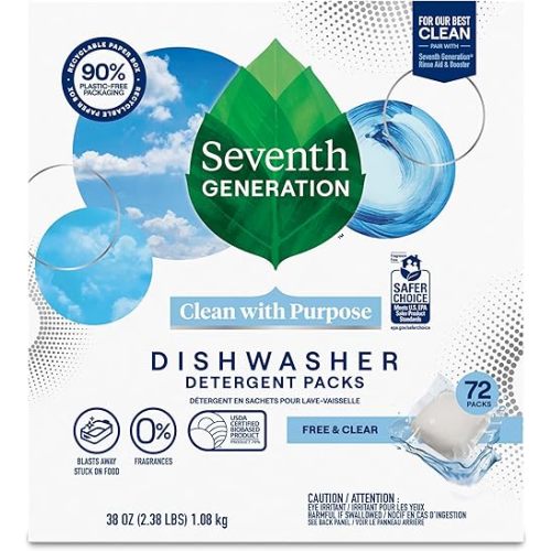 Seventh Generation Dishwasher Detergent Packs for sparkling dishes Free & Clear Dishwasher Tabs (72 Count)