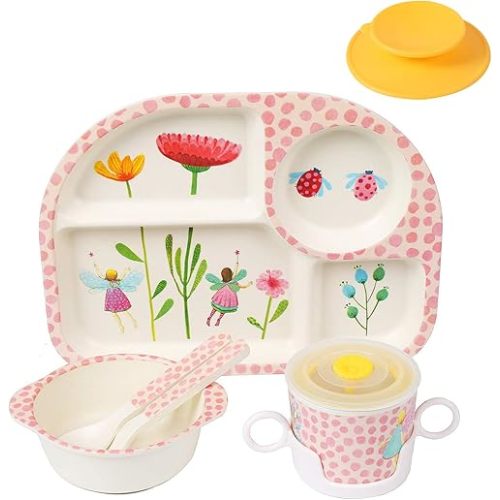 shopwithgreen 7Pcs/Set Bamboo Kids Dinnerware Set - Children Dishes - Food Plate Bowl Cup Spoon Fork Set Dishware, Cartoon Tableware, Dishwasher Safe Kids Healthy Mealtime, BPA Free