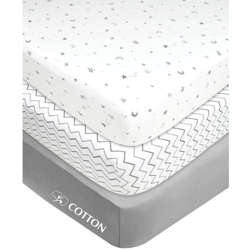 American Baby Company 3 Pack Fitted Mini Crib Sheet 24" x 38", Soft Breathable Neutral 100% Cotton Jersey Portable Sheet, Gray Star/Zigzag, for Boys and Girls, Fits Most Pack N Play Mattresses - Grey Star/Zigzag