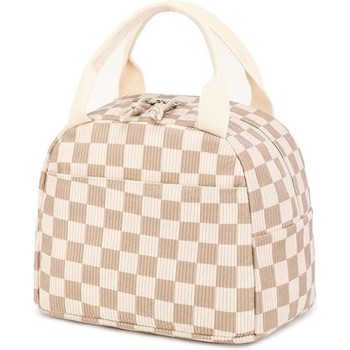 Bluboon Lunch Bag for Women Men Cute Corduroy Lunch Tote Bags Reusable Insulated Lunch Box Large Capacity Reusable Insulated Cooler for Work Picnic or Travel (Corduroy checkered brown)