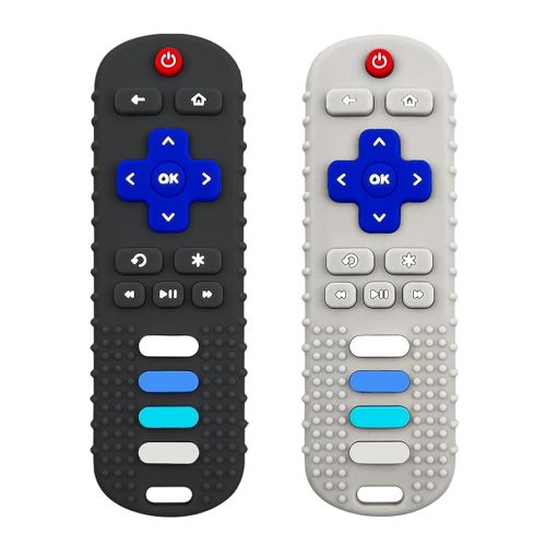 Baby Teething Toys, Food Grade Silicone Teether for Babies 3 6 12 18 Months, TV Remote Shape Toddlers Chew Toys, Freezer BPA Free (Black+Beige)