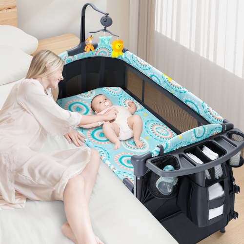 EVMORE Foldable Baby Bedside Bassinet, 5-in-1 Baby Playard with Changing Table, Storage Shelf, Music for Newborn to Toddlers