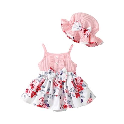 SUNNY PIGGY Baby Girl Clothes Newborn Infant Romper Sleeveless Suspender Dress Summer Outfits Sets with Hat