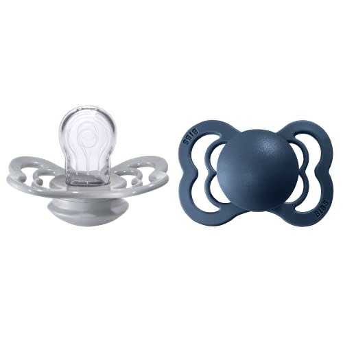 BIBS Supreme Baby Pacifier 2-Pack | Made in Denmark | BPA Free Dummy Soother, Symmetrical Nipple. Silicone, Size 1 (0-6 Months), Cloud/Steel Blue