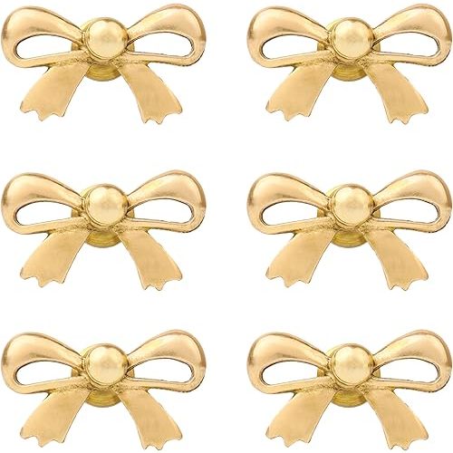 Indian Shelf 6 Pieces Brass Gold Bow Drawer Knobs for Kitchen Cabinet Hardware Nursery Door Decorative Tie Kids Dresser Knobs Pulls Premium Vintage