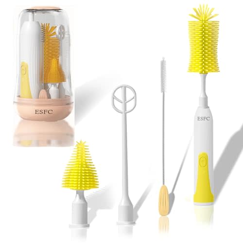 ESFC Portable Electric Baby Bottle Brush Set with Electric Bottle Brush,Nipple/Straw Brush,Milk Frother and Drying Base,Waterproof IPX7,Rechargeable Travel Bottle Cleaning Kit,Yellow