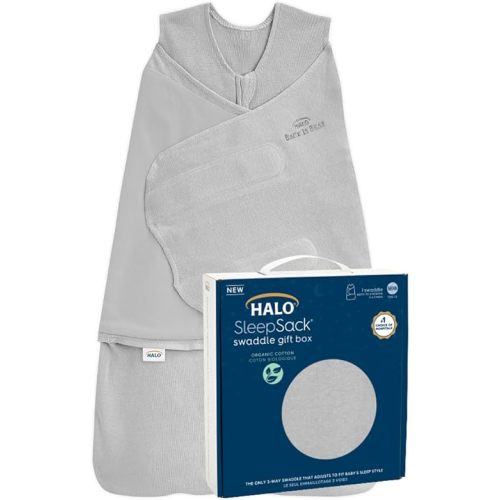 HALO Sleepsack Swaddle 100% Organic Cotton Newborn 1-Piece Gift Set with Box, TOG 1.5, 0-3 Months, Cloud