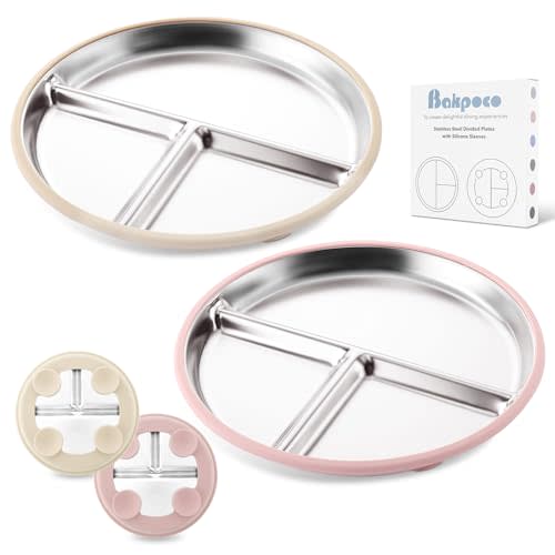 Bakpoco Stainless Steel Baby Plate with Suction, 9” Divided Toddler Plates with Removable Silicone Sleeves for Kids, Non-Toxic Non-Slip Unbreakable Dishwasher Safe Dinnerware Set of 2, Pink & Beige