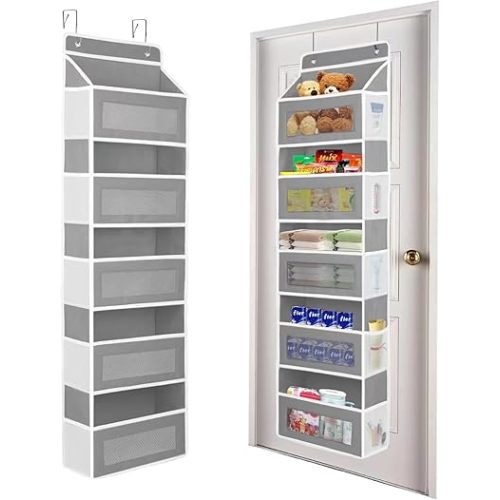 Over the Door Organizer Storage, 5 Shelf Hanging Door Organizer with 5 Large Capacity Pockets, Anti Tilt 44 lb Load Behind Door Storage for Bedroom, Bathroom, Pantry, Nursery, (Light gray)