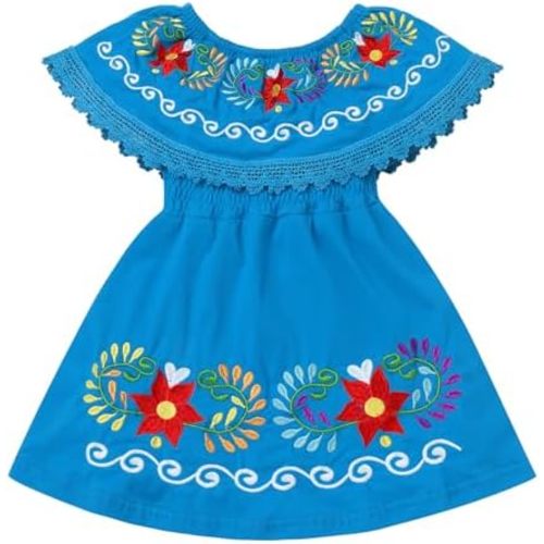 Kids Toddler Girls Traditional Mexican Off-Shoulder Floral Embroidered Drape Dress