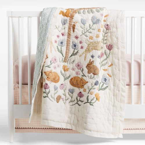 Wonderland Prairie Embroidered Organic Cotton Voile Baby Crib Quilt