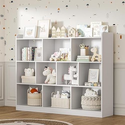 White Bookshelf, Wood Bookcase with 3 Tier Open Shelves, 10-Cube Minimalist Storage Shelf for Living Room, Bedroom, 43.3" W x 35.4" H