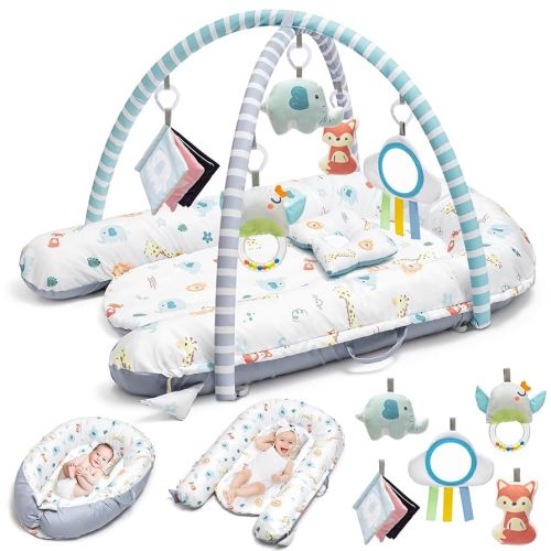 Baby Gym Play Mat, Baby Lounger, 7-in-1 Tummy Time Activity Mat, Washable Newborn Nest, Portable Infant Floor Seat for Home & Travel, Baby Essentials Gift, Develops Visual & Hearing & Sensory & Motor