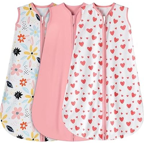 3 Pack Baby Sleep Sack 0-6 Months 100% Rayon Cotton Baby Sleeping Bag 2-Way Zipper Toddler Wearable Blankets Comfy Stretchy Lightweight TOG 0.3 (Heart&Pink&Floral)