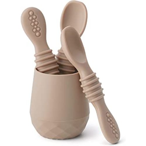Silicone Baby Utensils - Self Feeding Spoons and Tiny Training Cup - First Stage Baby Led Weaning Supplies for 6 Months+ Infants - Set of 4