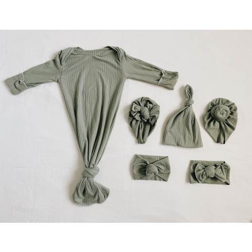 Dark sage ribbed, baby gown, newborn gown, knotted gown, knot gown, baby shower gift, baby gift, newborn set
