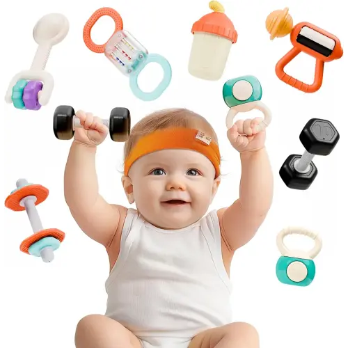 iPlay, iLearn Baby First Gym Rattle Set, Infant Dumbbell Weights Teething Rattles 3-6-12 Month, Newborn Workout Sensory Stroller Toy, Babies Birthday Shower Gift 5 7 8 9 10 Month Toddler Boy Girl-7PCS