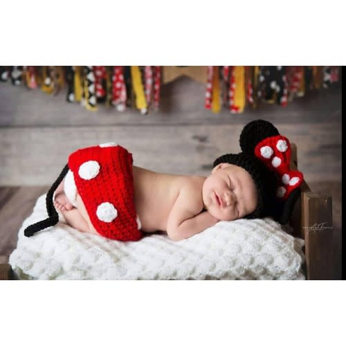 Handmade Crochet Newborn baby girl Mouse Hat Diaper Cover and booties, PHOTO PROP, Minnie hat and diaper cover set red