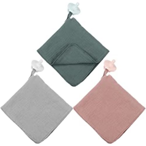 3 Pieces Organic Cotton Muslin Baby Blanket with Snap Closure Pacifier Blanket Loveys for Babies Mini Baby Lovey with Holder Security Blanket (Pacifier Not Included)