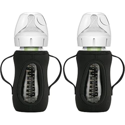 Beautyflier Glass Baby Bottle Sleeve Covers for Dr. Brown's Natural Flow Anti-Colic Wide-Neck Glass Baby Bottles, 3.3mm Thicken Heat and Cold Retention Baby Bottle Sleeve (Black, 2pcs, 9oz/270 mL)