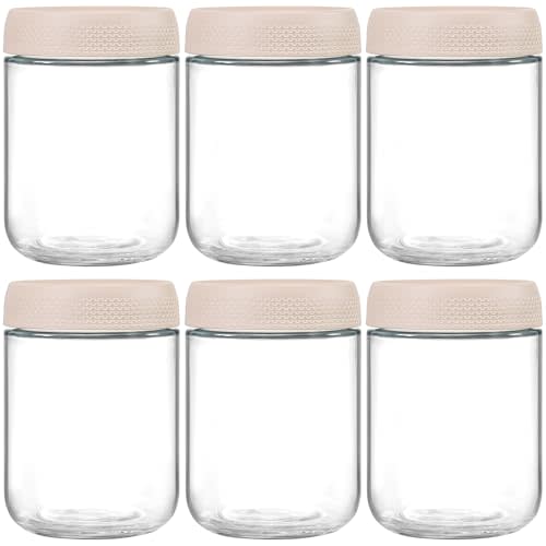 NETANY 6-pack 16oz Glass jars with Airtight Lids, Overnight Oats Containers with Lids, Wide mouth Mason Salad jars, Glass Food Storage Containers for Snacks Yogurt Spice Sugar-Beige